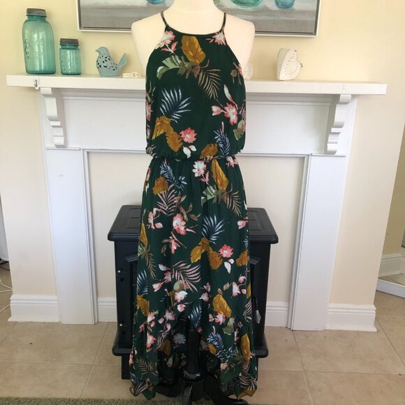 Bailey Blue Maxi Halter Dress Small Dark Floral Hi Lo Ruffle Key Hole Tropical - Picture 1 of 12